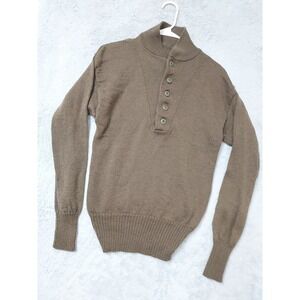 Military Sweater Mens Medium Vintage Wool Button Neck Brown Henley Elastic Waist